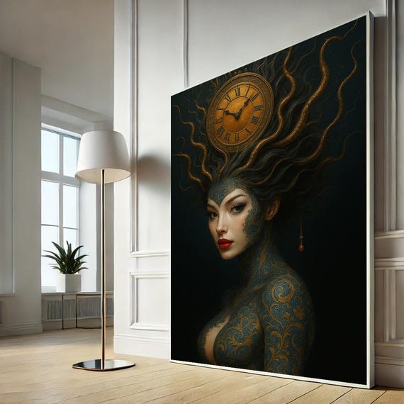 Majestic Surreal Woman With Clock Canvas Art Bold Fantasy Portrait For Living Room Unique Whimsical Home Decor Gift