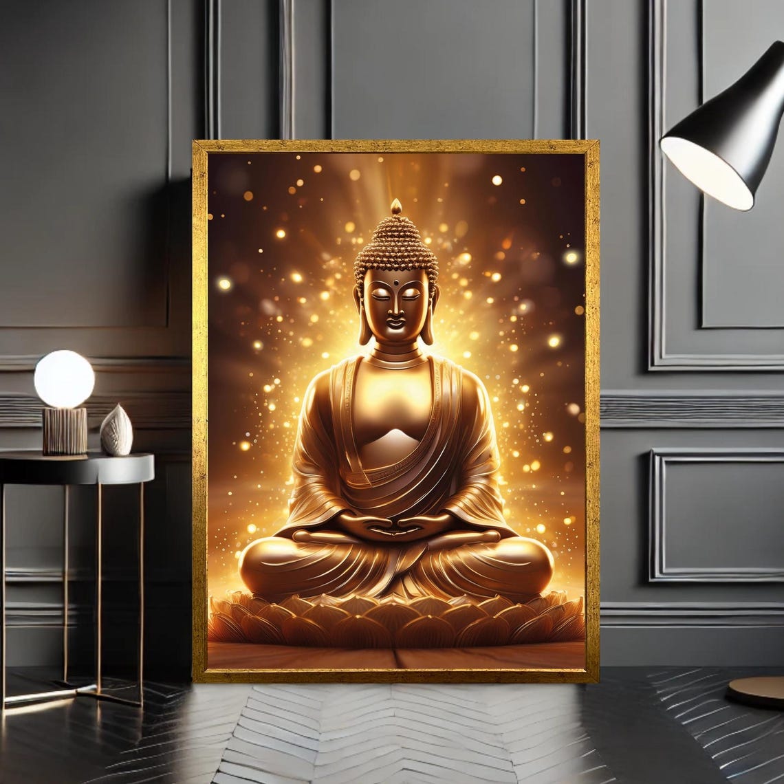 Golden Buddha Meditating Lotus Glowing Light Zen Spiritual Wall Art