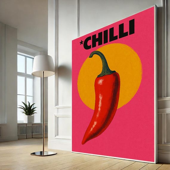 Chilli Pepper Retro Pop Art Canvas Wall Print Colorful Kitchen Decor Funky Food Poster Home