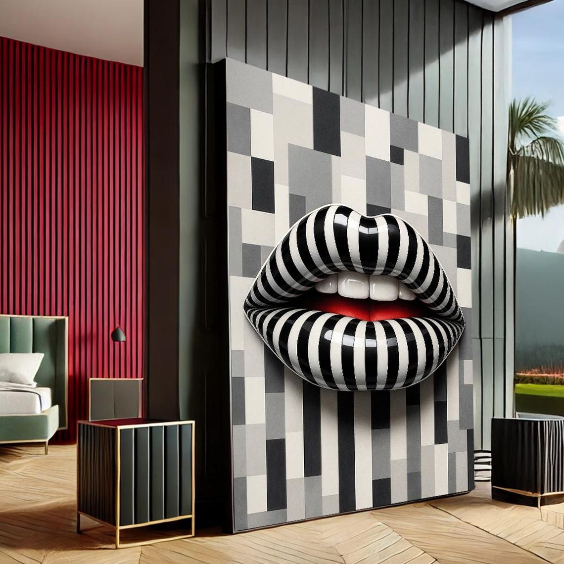 Bold Black White Striped Lips Pop Art Graphic Modern Wall Art