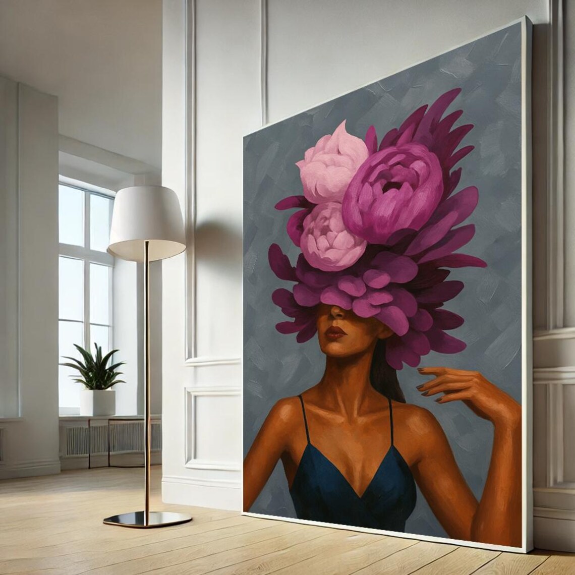 Elegant Woman with Peony Blossom Headdress Navy Dress Art Poster