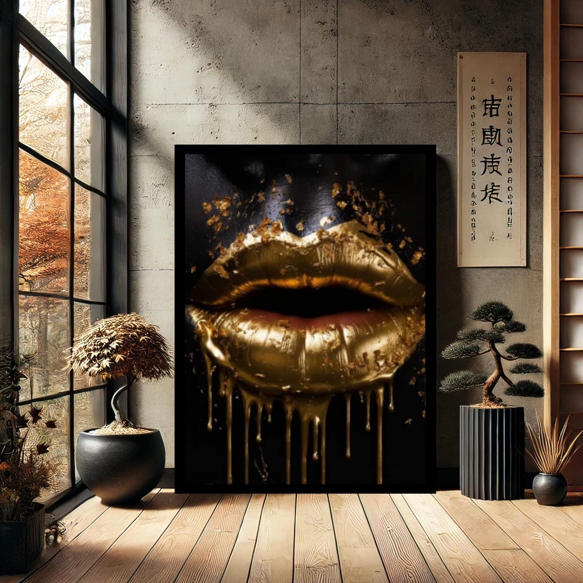 Golden Dripping Lips on Black Glam Makeup Luxury Beauty Art Print