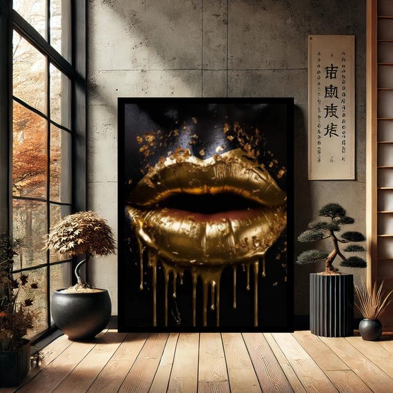 Gold Woman Makeup Lips Canvas Wall Art Modern Print Abstract Decor For Home
