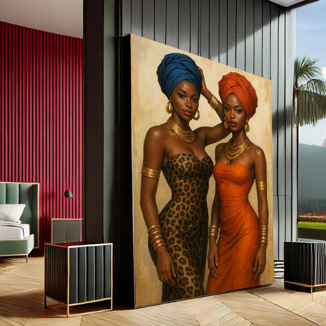 African Sisters Portrait Poster Blue Orange Headwrap Gold Jewelry