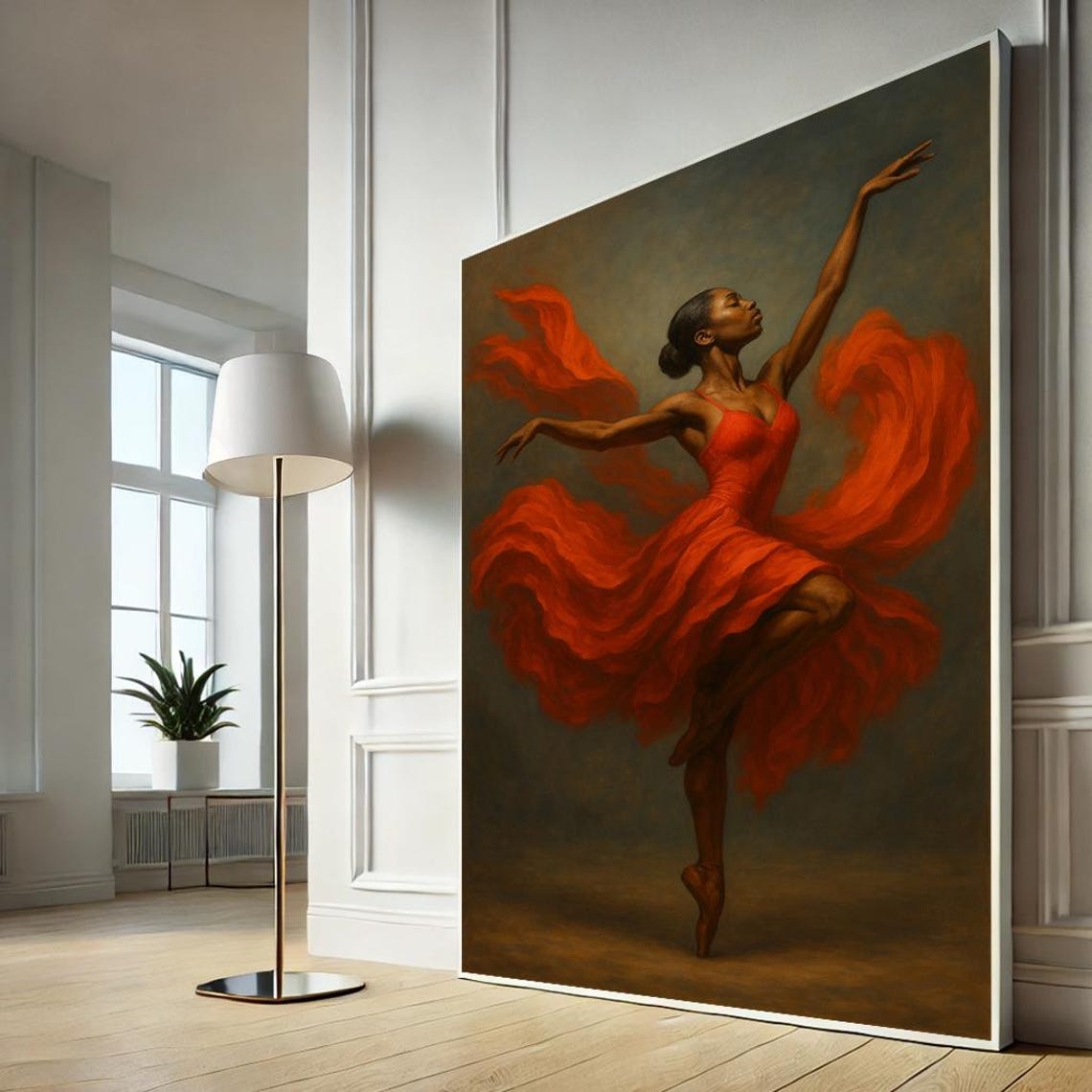 Red Dress Ballerina Dancing Graceful Movement Painterly Canvas Print