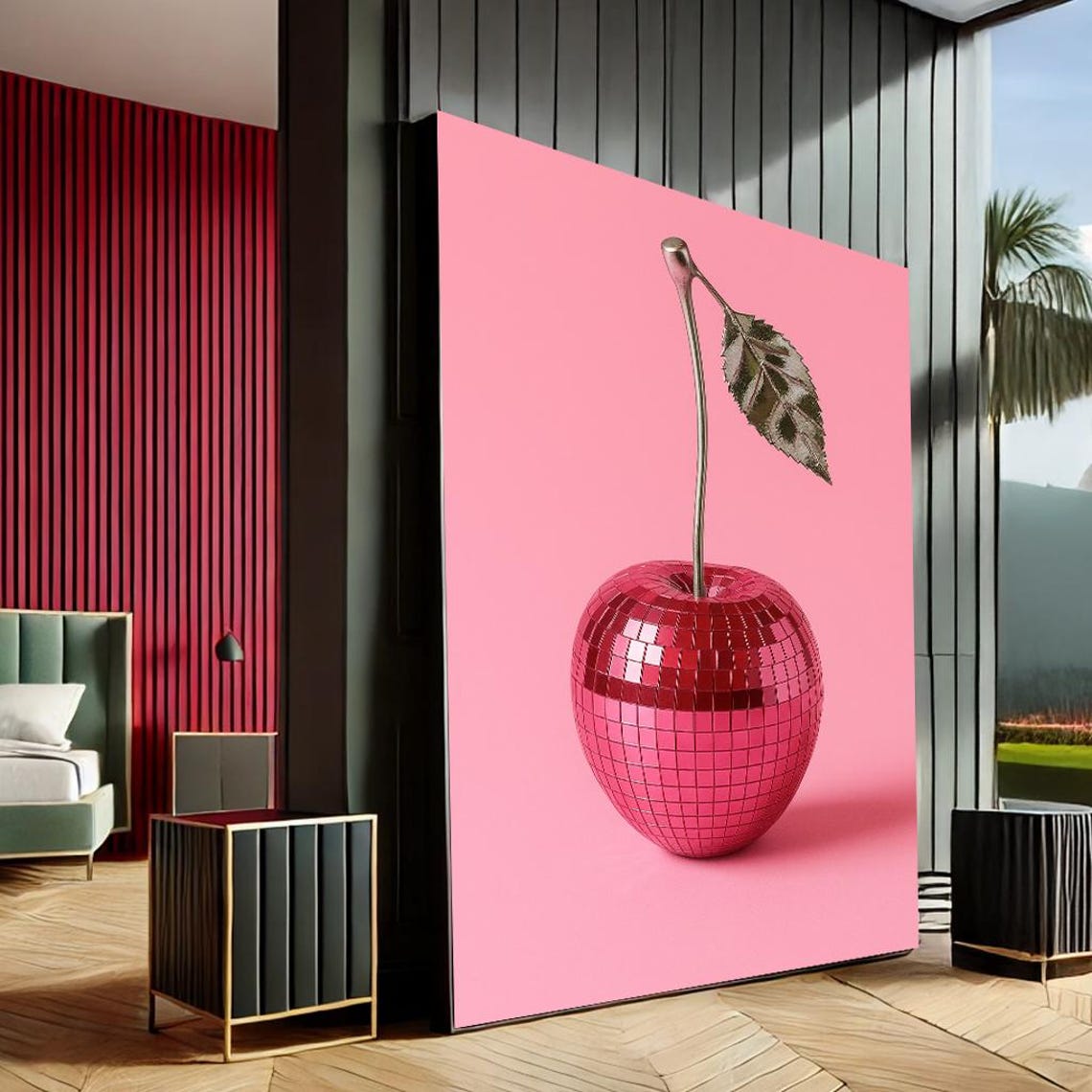 Pink Disco Ball Cherry Pop Art Print for Modern Bedroom Wall Decor