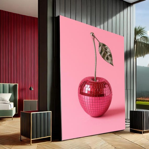 Glossy Cherry Modern Pop Art Canvas Wall Print Pink Silver Living Room Decor Statement Piece