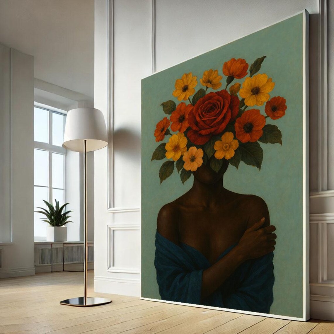 Woman With Bouquet Of Flowers Covering Face Bold Modern Art Poster