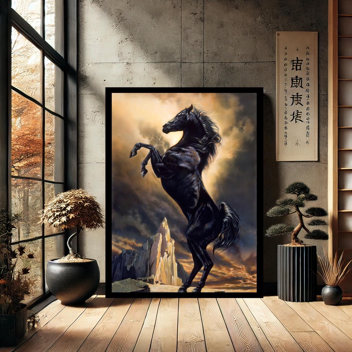 Rearing Black Horse Stormy Sky Majestic Stallion Dramatic Art Poster