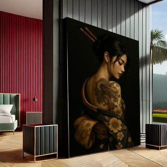 Elegant Geisha With Dragon Tattoo Gold Kimono Japanese Portrait Poster