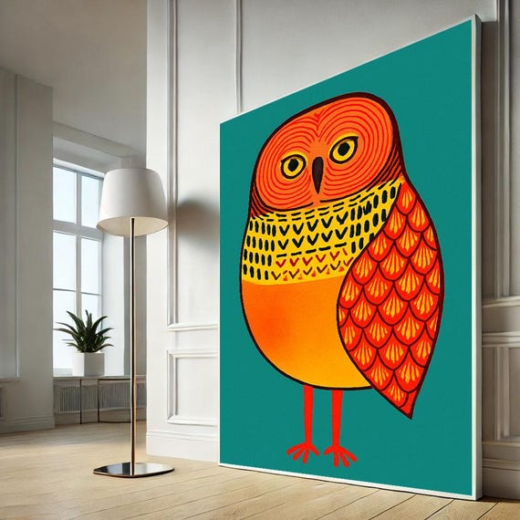 Colorful Owl Illustration Canvas Wall Art Print Modern Boho Living Room Decor Statement Piece