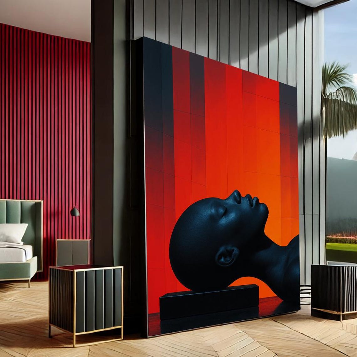 Abstract Black Head Sculpture Red Modern Minimalist Canvas Art Print