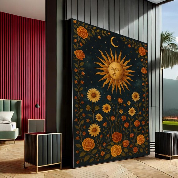Radiant Sun Moon Boho Canvas Wall Art Print Navy And Gold Living Room Decor Ready To Hang