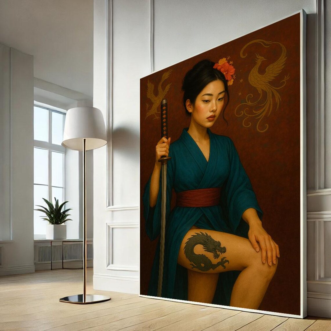 Asian Warrior Woman With Katana Dragon Tattoo Teal Robe Portrait Art Print