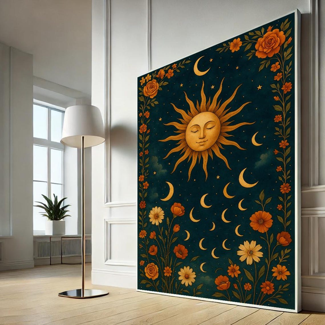 Boho Sun Moon Phases Canvas Wall Art Celestial Floral Print For Spiritual Home Decor
