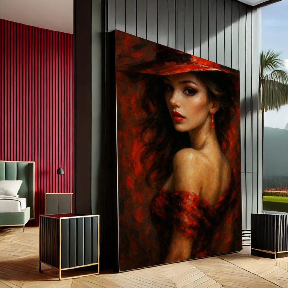 Elegant Woman Red Hat Impressionist Portrait Oil Painting Canvas Print