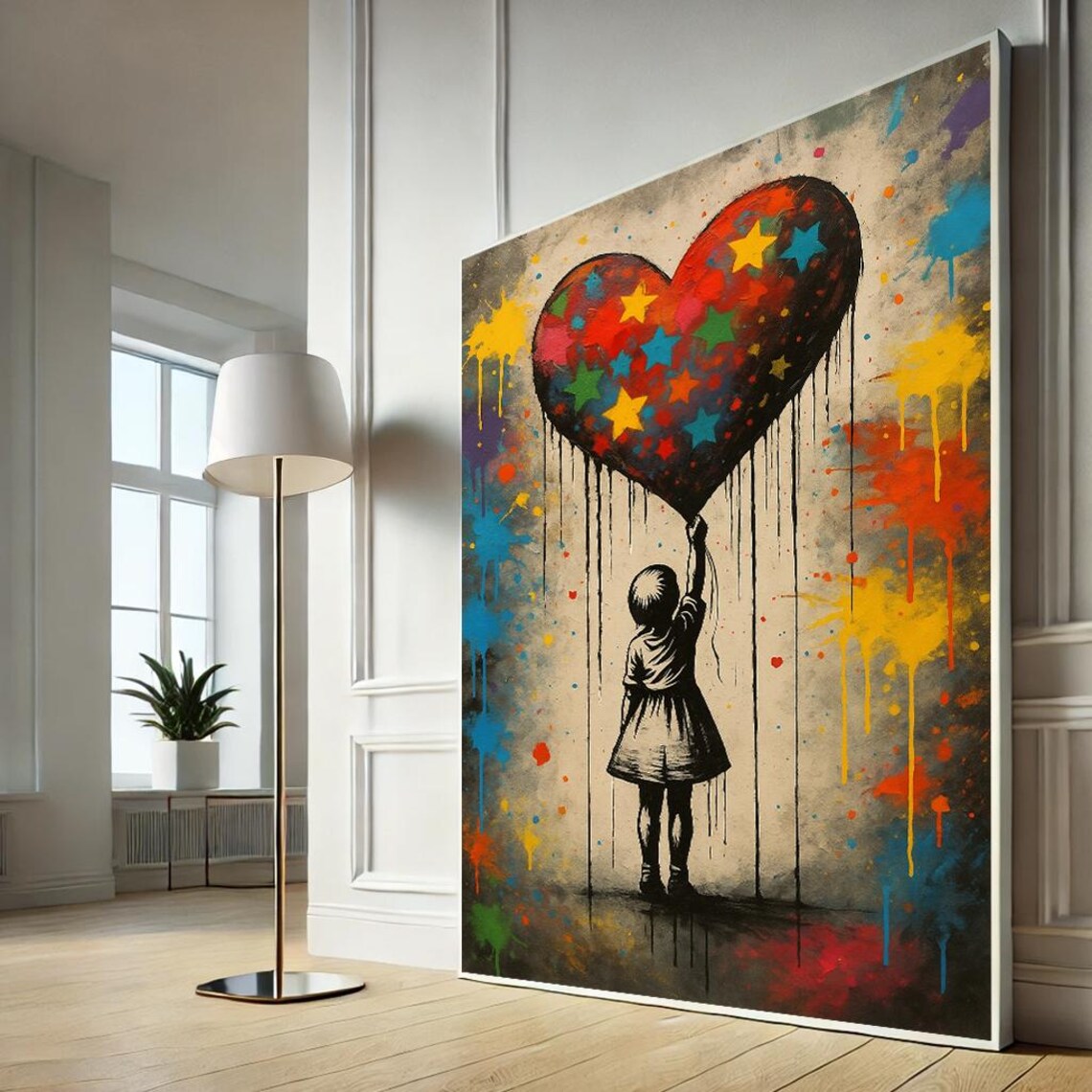 Little Girl With Star Heart Balloon Colorful Street Art Poster