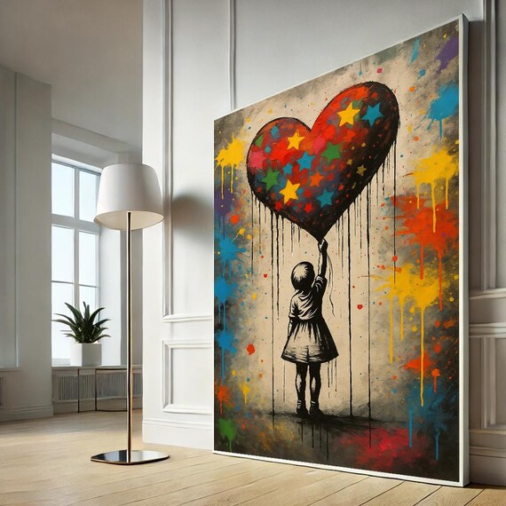 Little Girl With Star Heart Balloon Colorful Street Art Poster