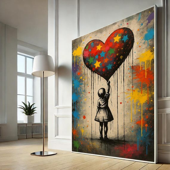 Vibrant Girl With Heart Balloon Canvas Wall Art Captivating Modern Living Room Decor Ready To Hang Colorful Gift