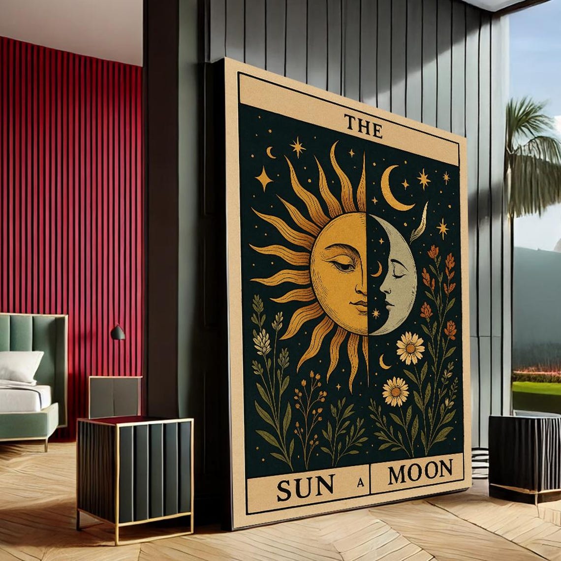 Celestial Sun and Moon Tarot Style Boho Black Gold Tarot Print