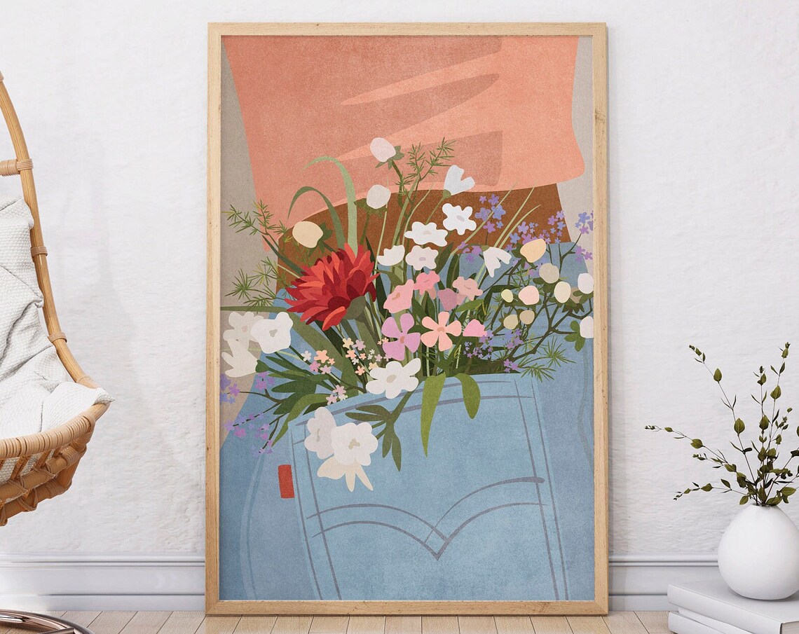 Wildflowers Overflowing From Denim Pocket Boho Botanical Poster