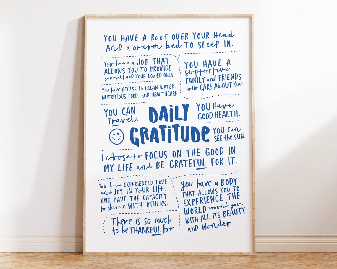 Daily Gratitude Blue Hand Lettered Positivity Wall Decor Poster