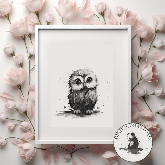 Baby Owl In The Rain Cute Illustration Infant Nursary Decor Ink Drawing Art