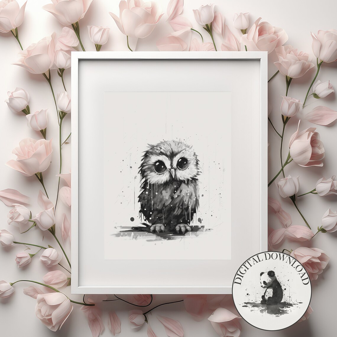Baby Owl in the Rain Black Ink Nursery Animal Drawing Poster