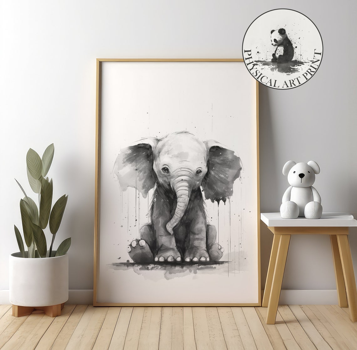 Tender Baby Elephant In Rain Ink Drawing Nursery Wall Decor Poster