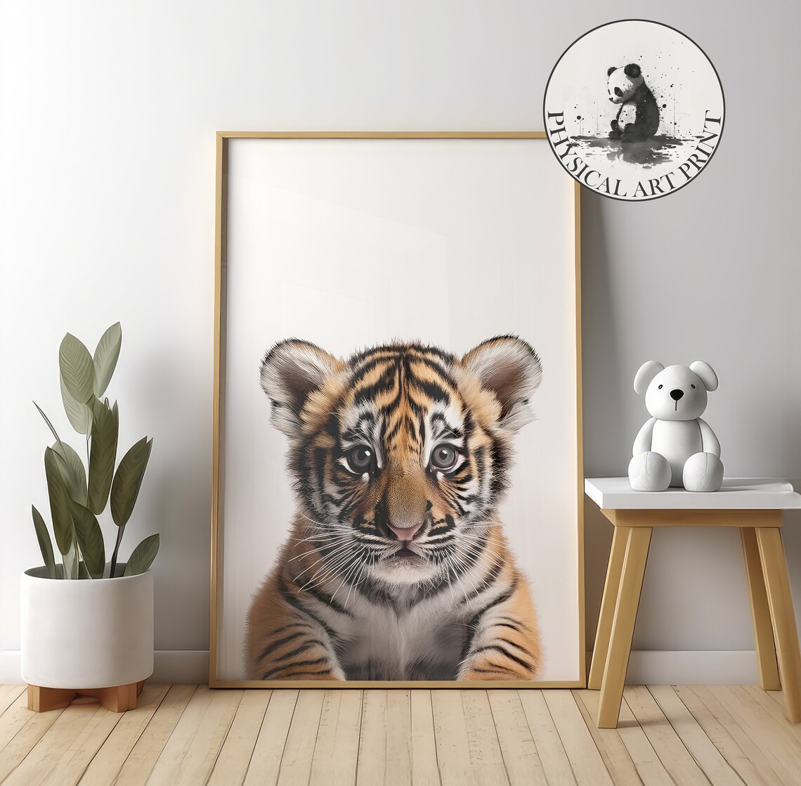 Baby Tiger Cub Close-Up Big Eyes Soft Beige Nursery Animal Poster