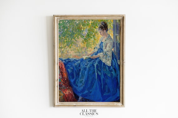 Ulisse Caputo Young Woman Reading At Open Window Blue Dress Poster