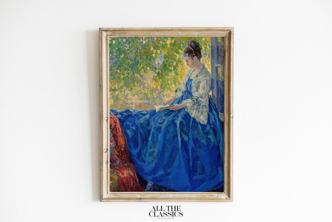 Ulisse Caputo Young Woman Reading At Open Window Blue Dress Poster