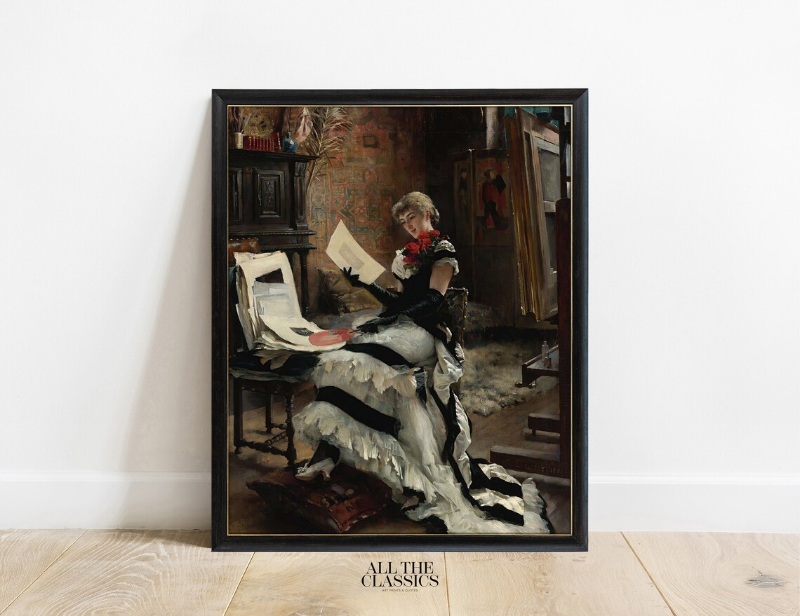 Elegant Lady Examining Art Folios Studio Dramatic Vintage Painting Poster - Image 3