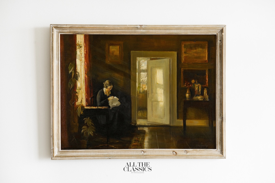 Carl Holse Sewing By The Window Moody Danish Interior Painting Poster