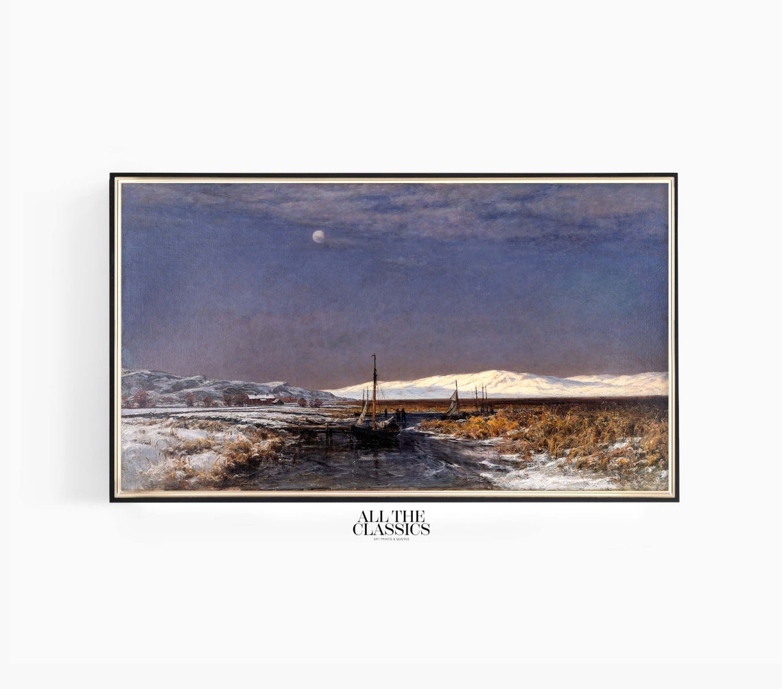 Moonlit November Evening with Boats on a Winter River Poster