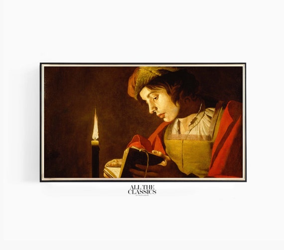 Frame Tv Art Vintage Art Wall Art Moody Baroque Male Portrait A Young Man Reading By Candlelight Matthias Stom