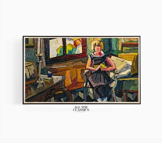 Georges Gaudion Modernist Woman In Colorful Interior With Books Poster