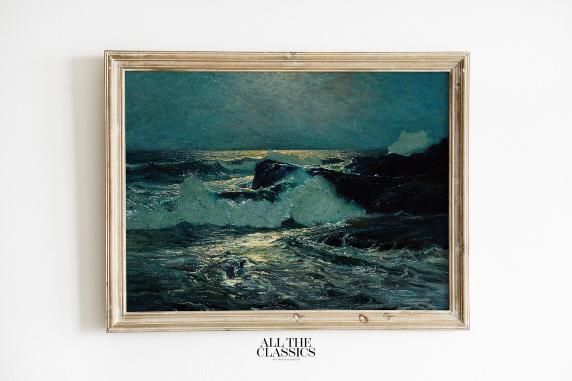 Dark Blue Seascape Crashing Waves Rocks Dramatic Ocean Painting Poster