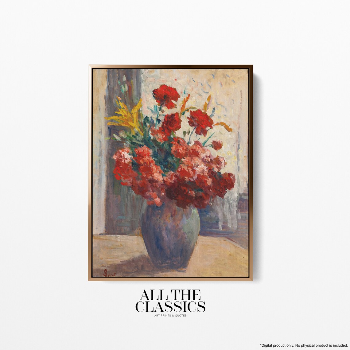 Red Flowers Gray Vase Impressionist Vintage Floral Still Life Poster