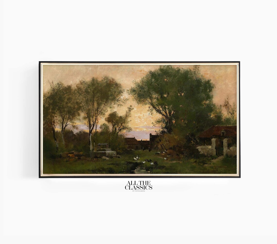 Peaceful Farmyard at Dusk with Geese Under Tall Trees Vintage Poster