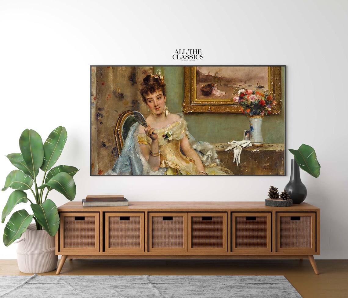 Woman With Hand Mirror Yellow Dress Floral Vintage Portrait Poster - Image 2
