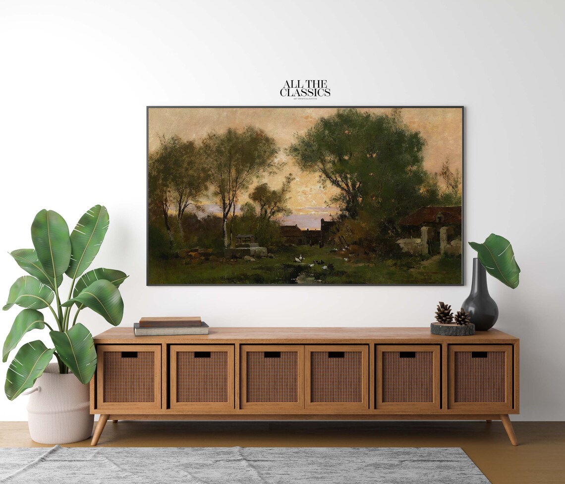 Peaceful Farmyard at Dusk with Geese Under Tall Trees Vintage Poster - Image 2