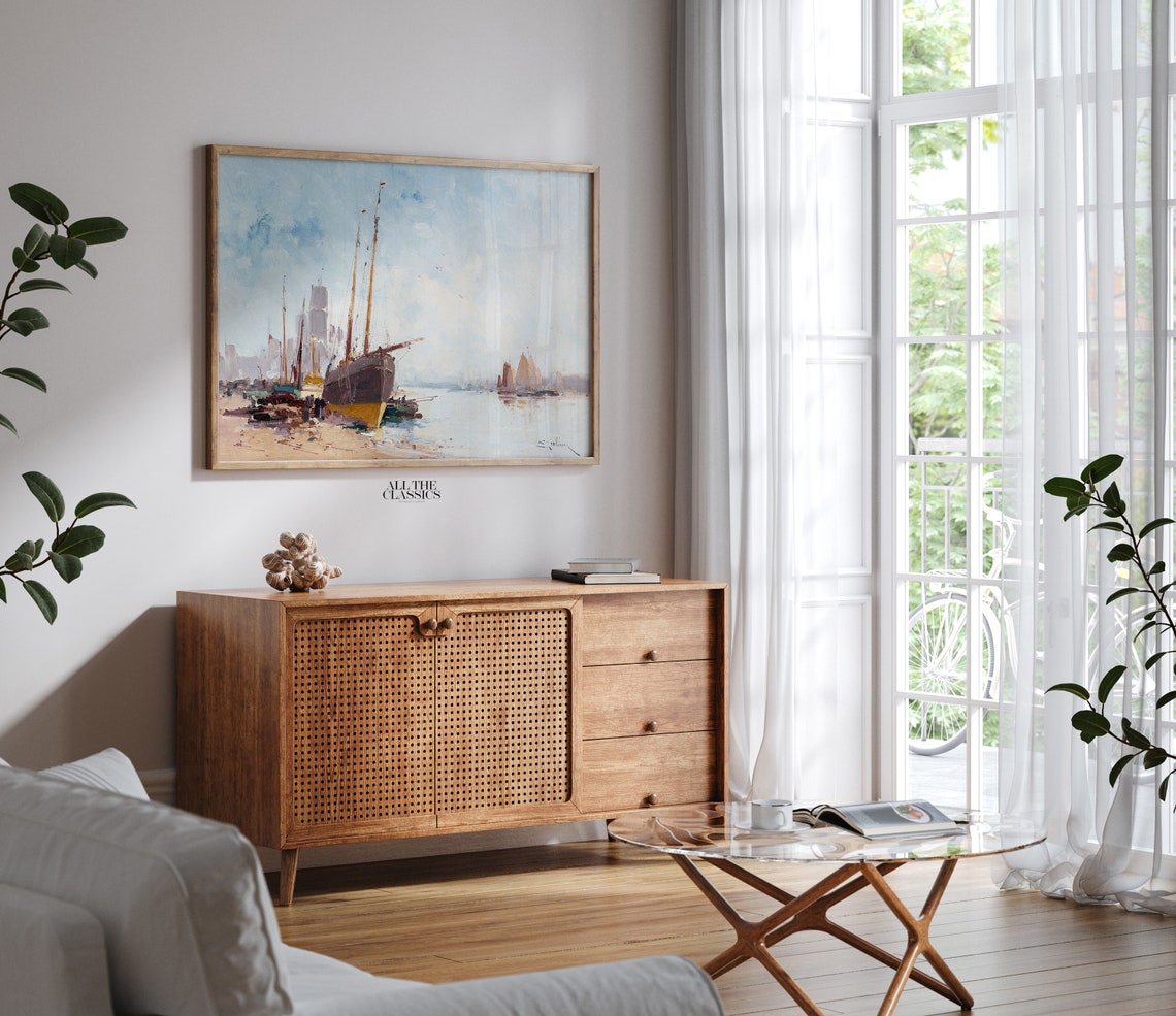 Impressionist Harbor Scene With Tall Sailing Ships Blue Art Poster - Image 2