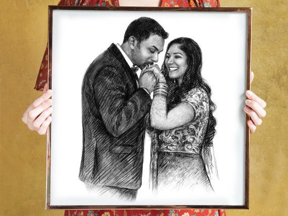 Groom Kissing Bride Hand Indian Wedding Couple Charcoal Portrait Poster