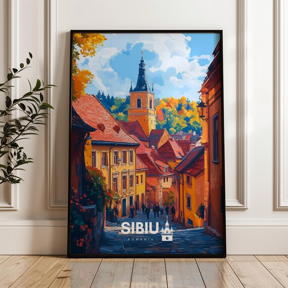 Sibiu Romania Travel Poster Balkan Illustration Art