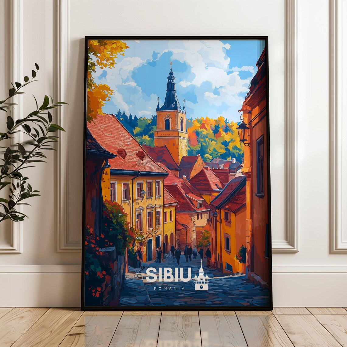 Sibiu Romania Medieval Old Town Street Council Tower Travel Poster