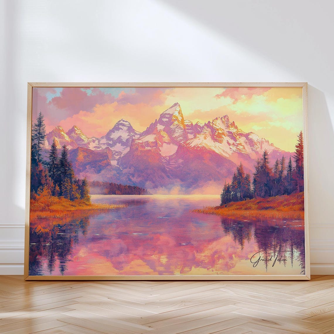 Grand Teton Mountains Reflected In Still Lake At Sunset Poster