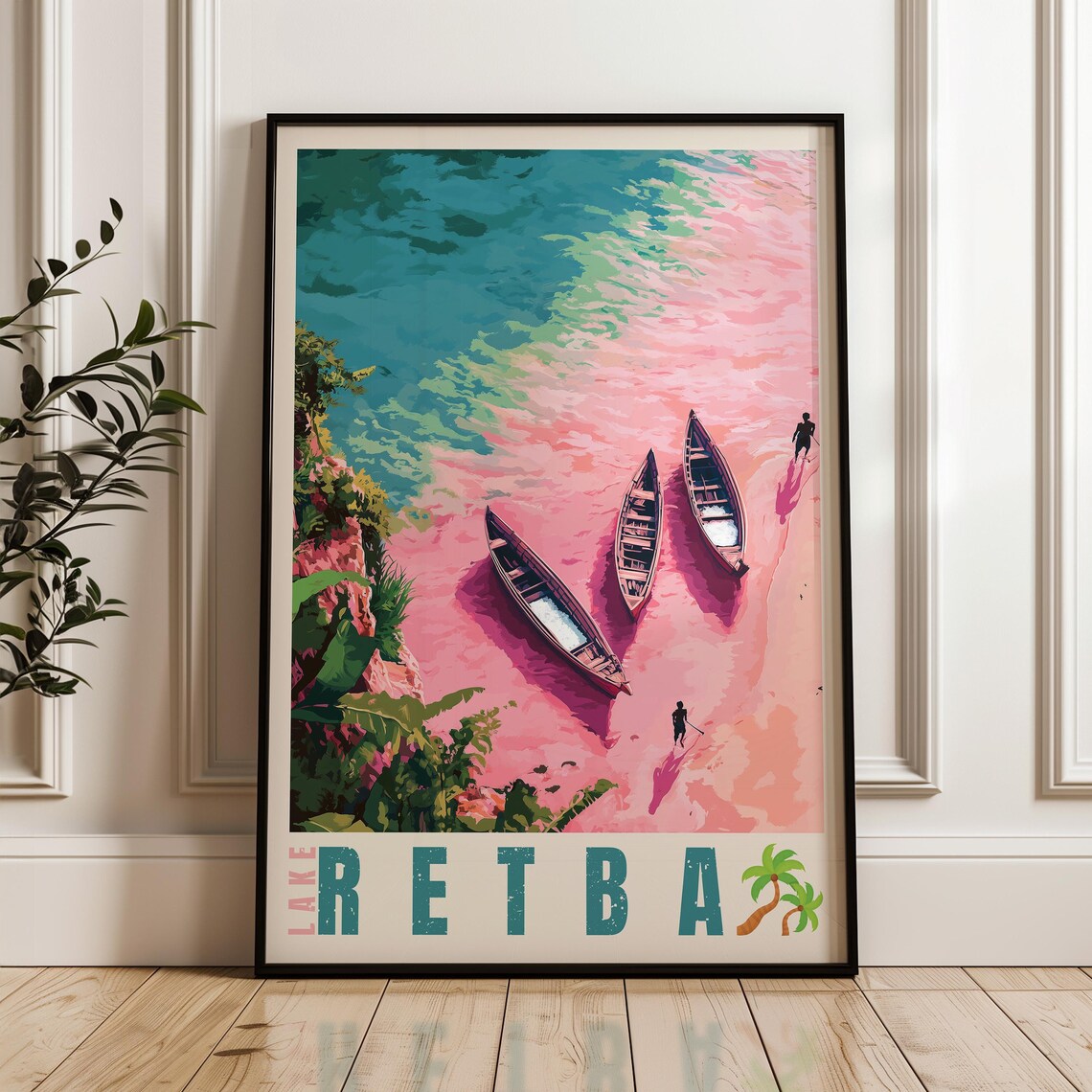 Lake Retba Senegal Pink Water Aerial Boats View Travel Poster