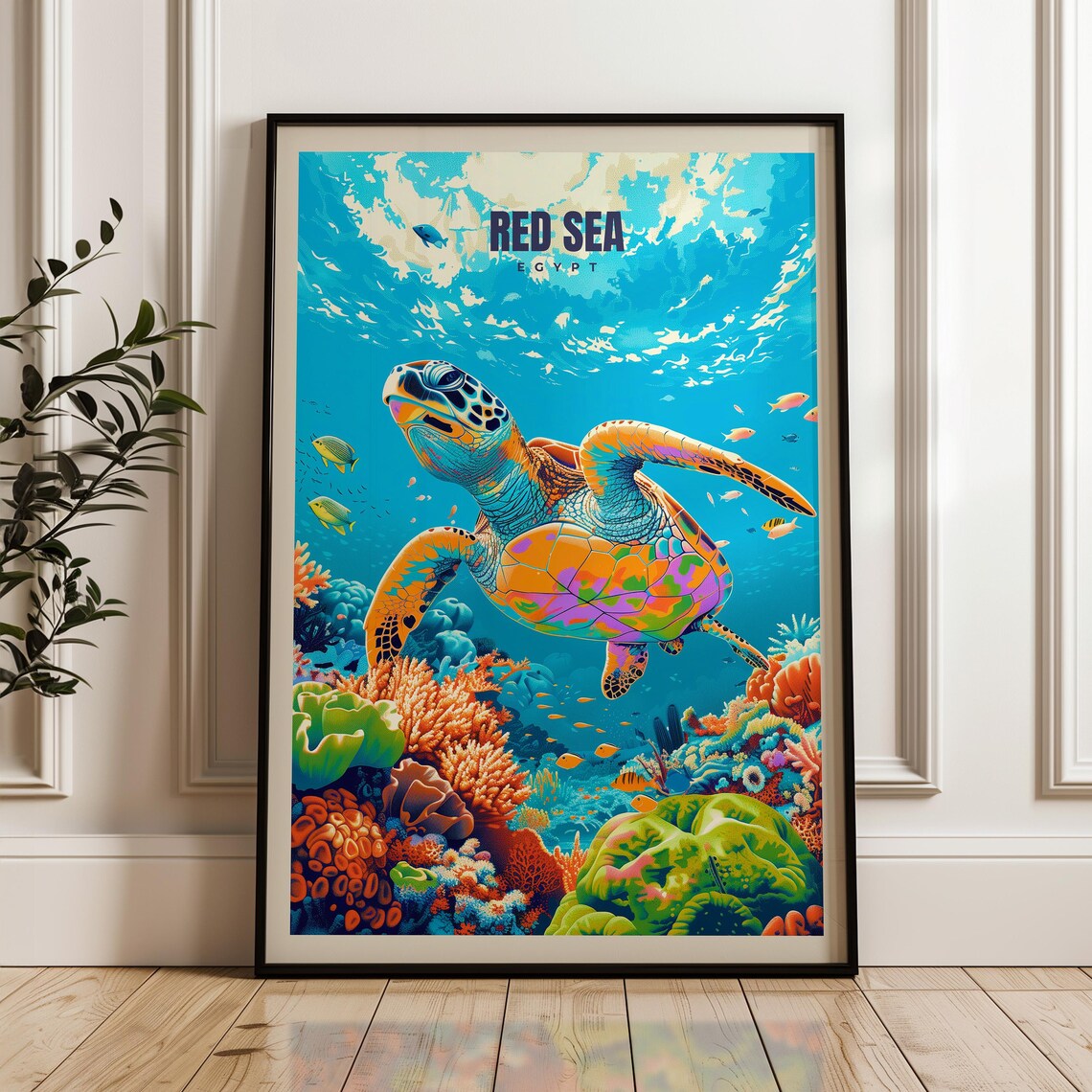 Red Sea Egypt Travel Poster, Sea Turtle Illustration