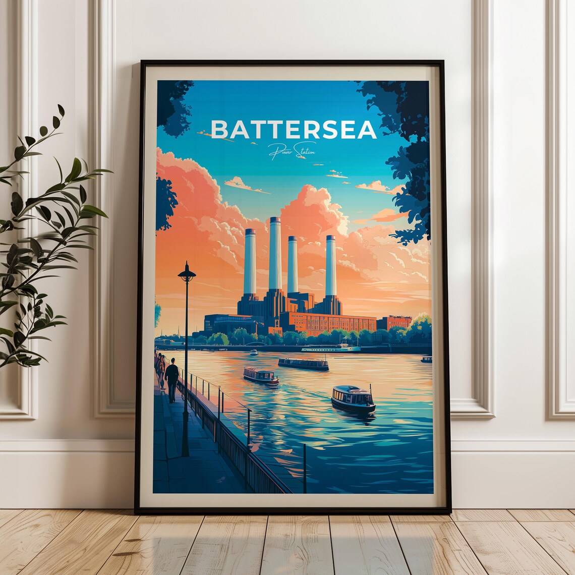 Battersea Power Station London Thames River Sunset Boats Travel Poster